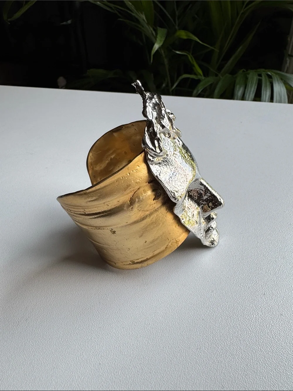 Sculptural Two-Tone Face Cuff Bracelet - Silver & Gold